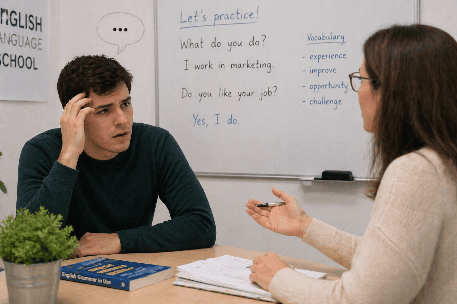 Alumno bloqueado al hablar inglés durante una conversación con profesor